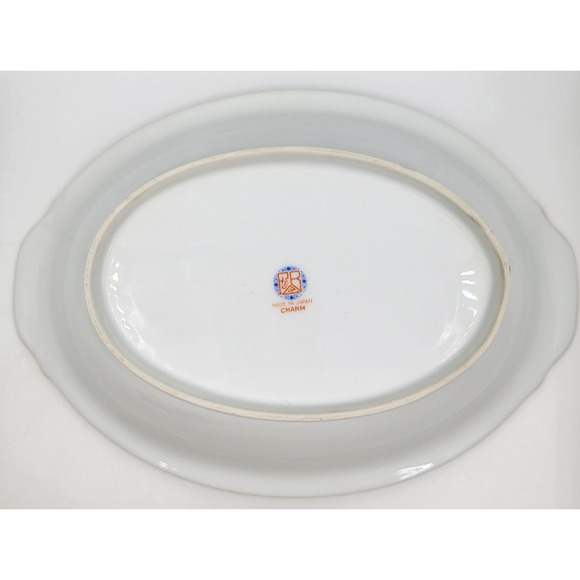 P.B. Japan Charm 11" Oval Serving Bowl Floral Scroll Gold Green Trim 1950s - Picture 8 of 9